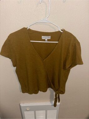 Madewell Olive Green Linen Tie-Front Short Sleeve Crop Top